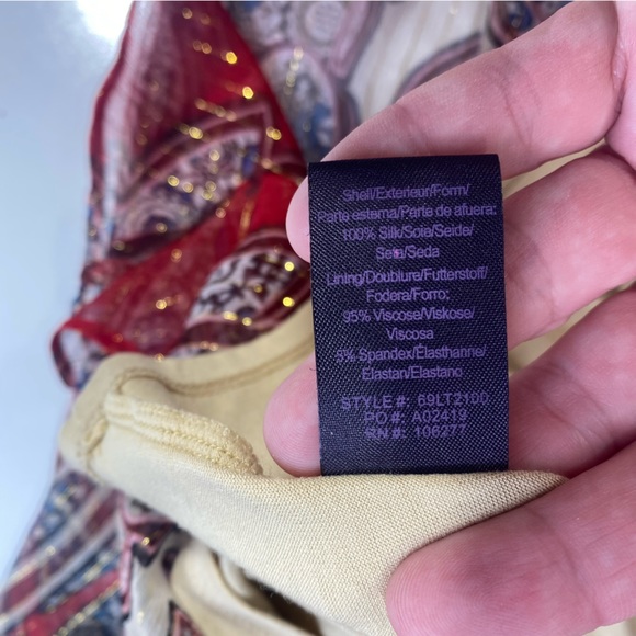 Hale Bob 100% Silk Red Paisley Print Metallic Gold Stripped Jeweled Blouse XS - Picture 12 of 16